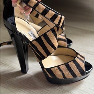 Jimmy Choo Black and Tan Zebra Striped Women's Stiletto Heels Ankle Strap